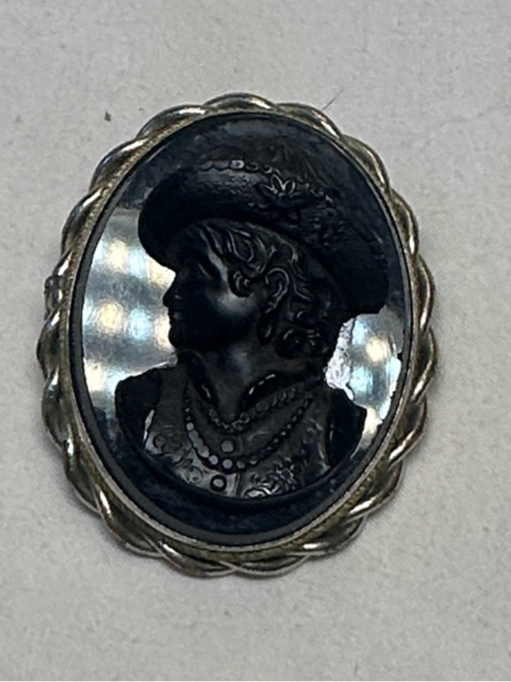 Vintage Black Cameo Brooch with Silver-Tone Frame